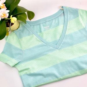 MOSSIMO MEDIUY V-NECK T-SHIRT AQUA & MINT STRIPE